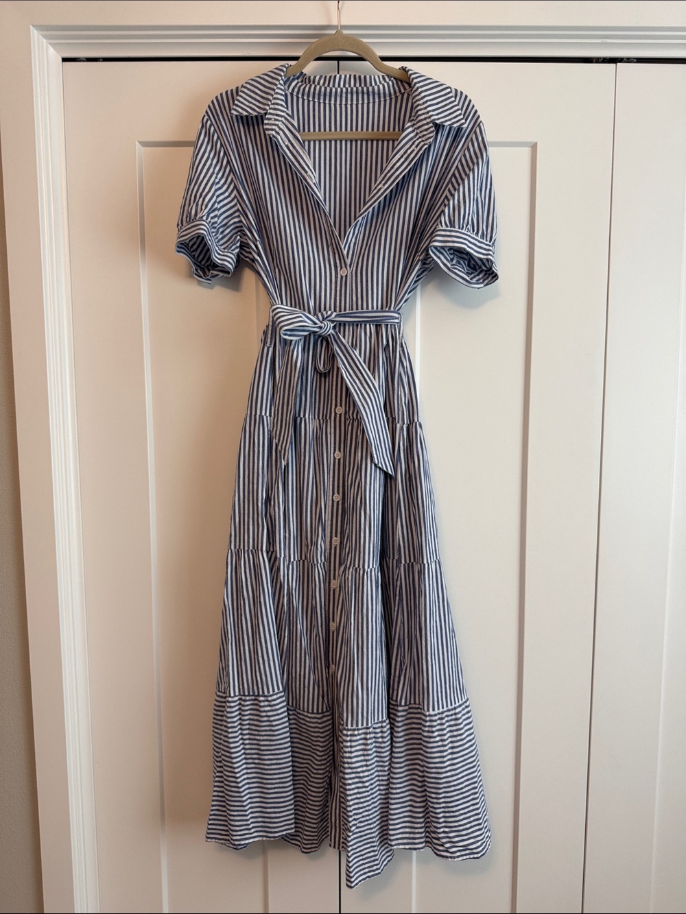 Striped Blue and White Shirt Dress with Waist Tie